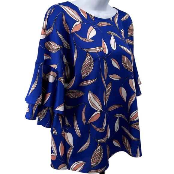 Liz Claiborne Blouse Blue Women M Layered Bell Sleeve Round Neck Pullover Career - Picture 2 of 7